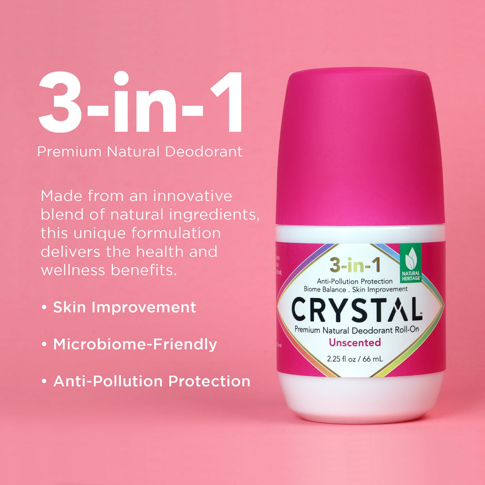 Crystal Essence deodorant application swatch illustrates smooth hydration with aloe and hyaluronic acid.