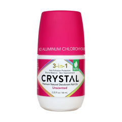 Crystal Essence 3-in-1 deodorant unscented bottle closeup shows clean, aluminum-free protection.