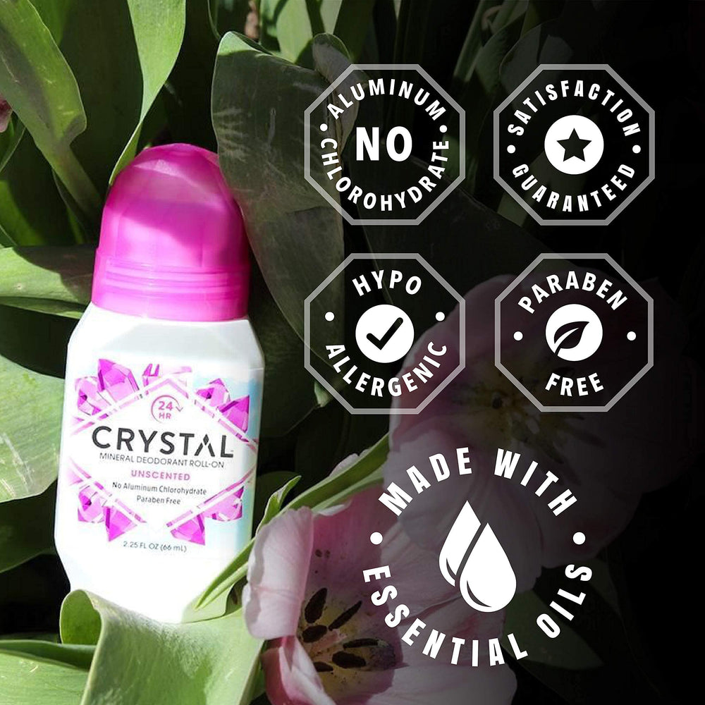 Crystal Essence 24-hour odor-control graphic asserts all-day freshness.