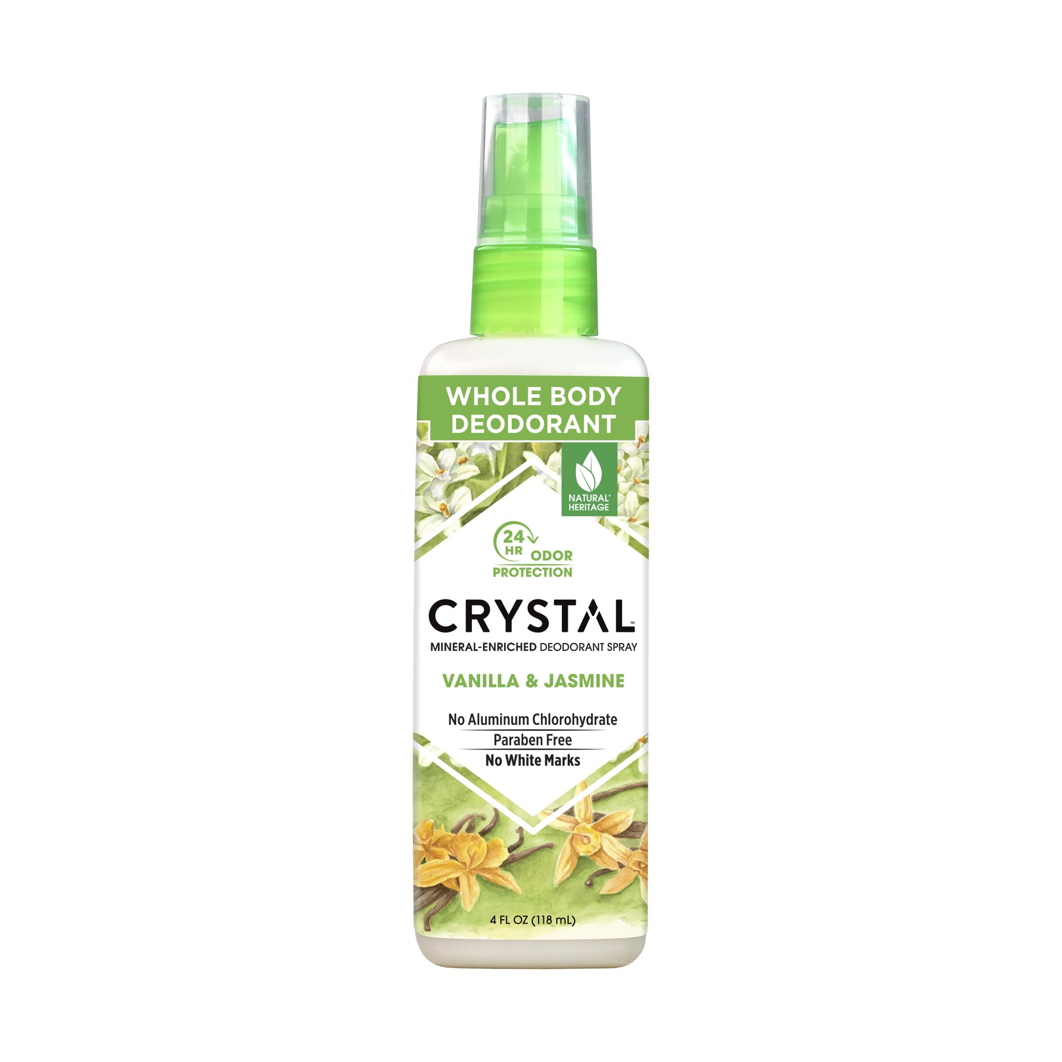 Crystal Essence crystal deodorant spray bottle shows vanilla jasmine scent with quick-drying protection.