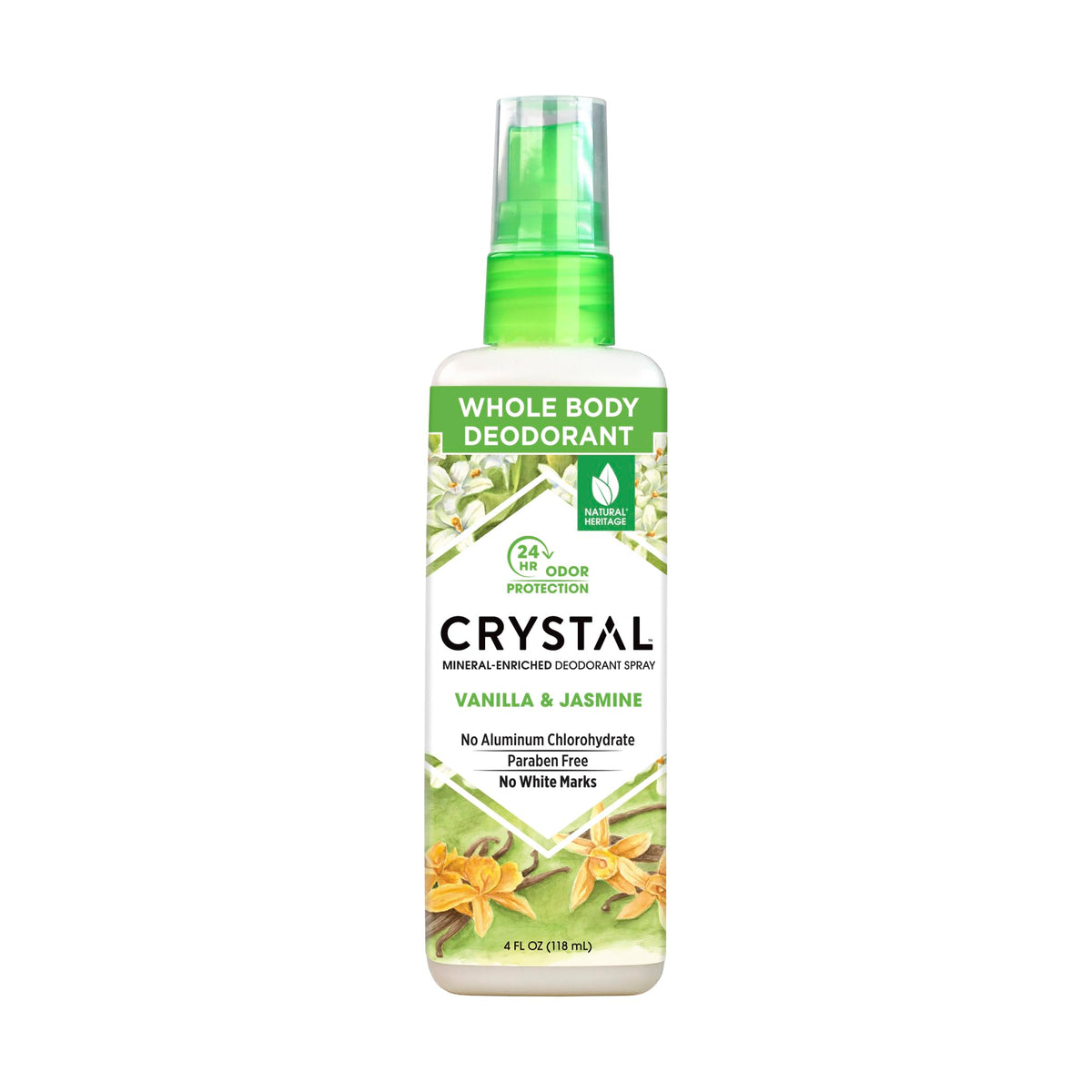 Crystal Essence crystal deodorant spray bottle shows vanilla jasmine scent with quick-drying protection.