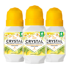 Crystal Essence crystal mineral deodorant roll-on packaging shows a three-pack with long-lasting freshness.