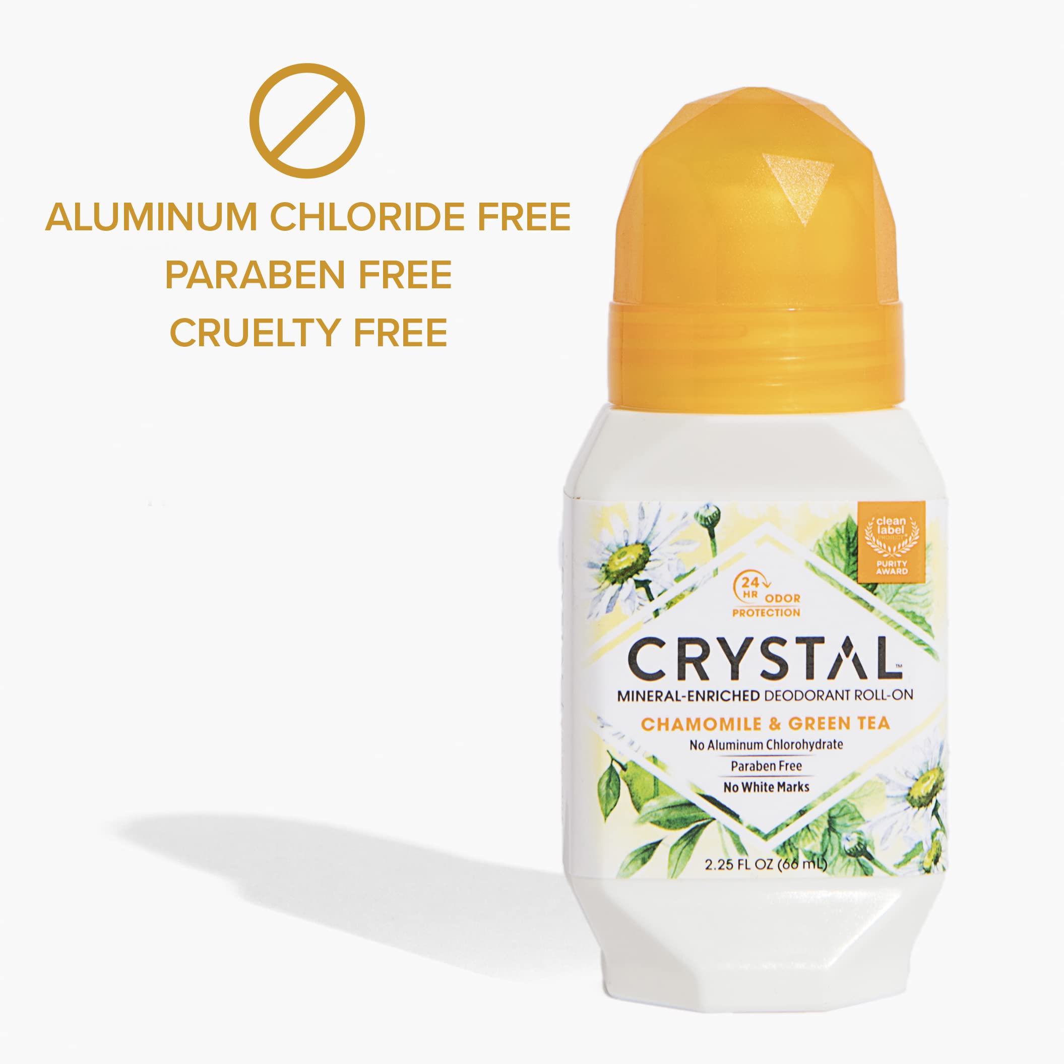 Crystal Essence crystal mineral deodorant roll-on side view highlights lightweight, non-sticky formula.