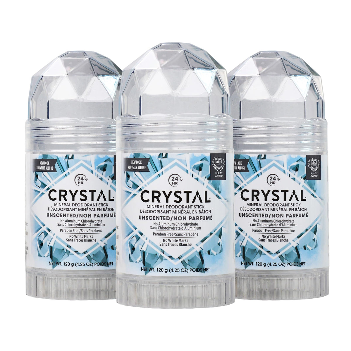 Crystal Essence crystal mineral deodorant stick unscented 3-pack for daily odor control.