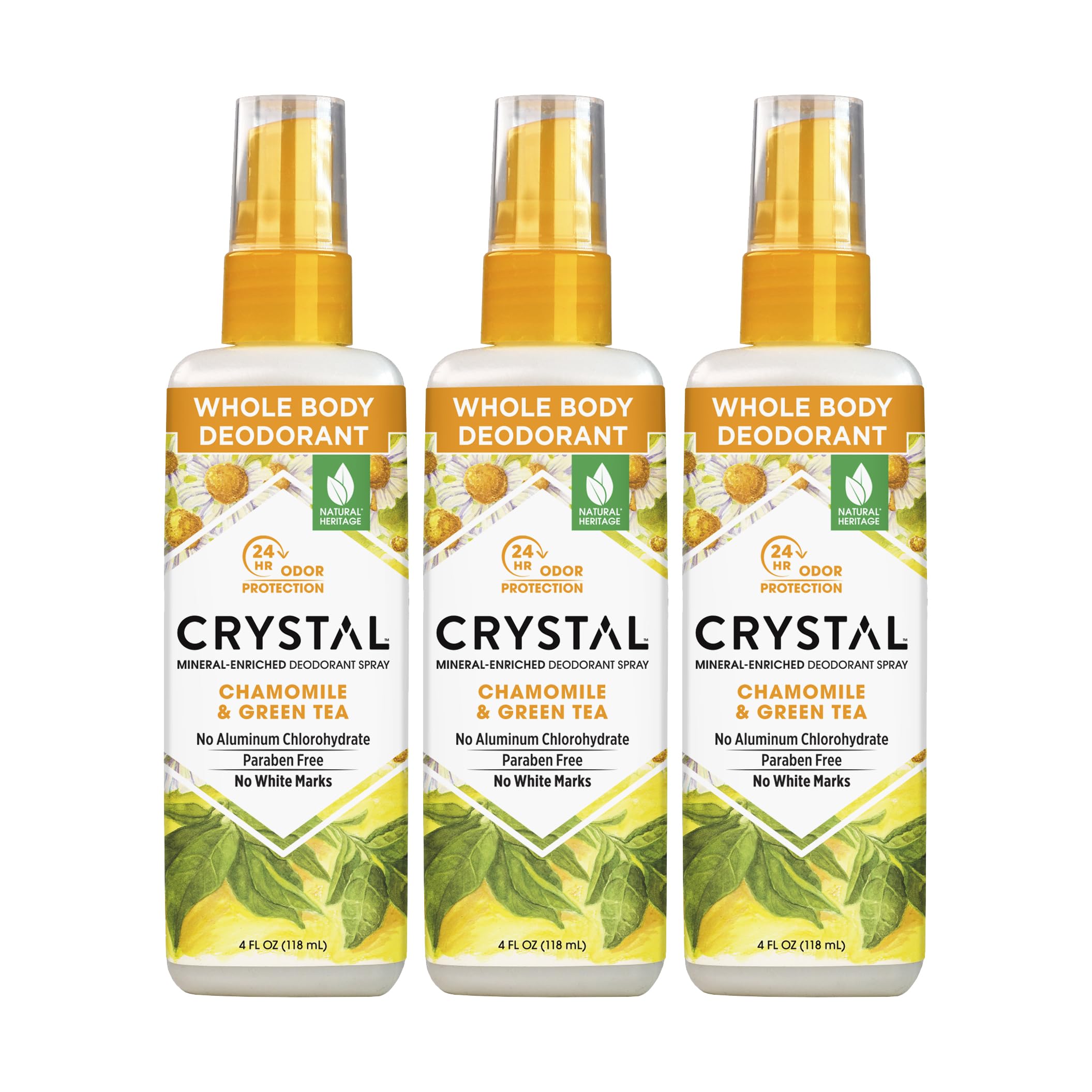 Crystal Essence Deodorant Essence Spray bottle with chamomile and green tea aroma for all-over use.