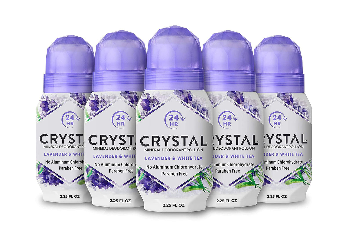 Crystal Essence deodorant roll-on lavender-white-tea bottle for calm daily freshness