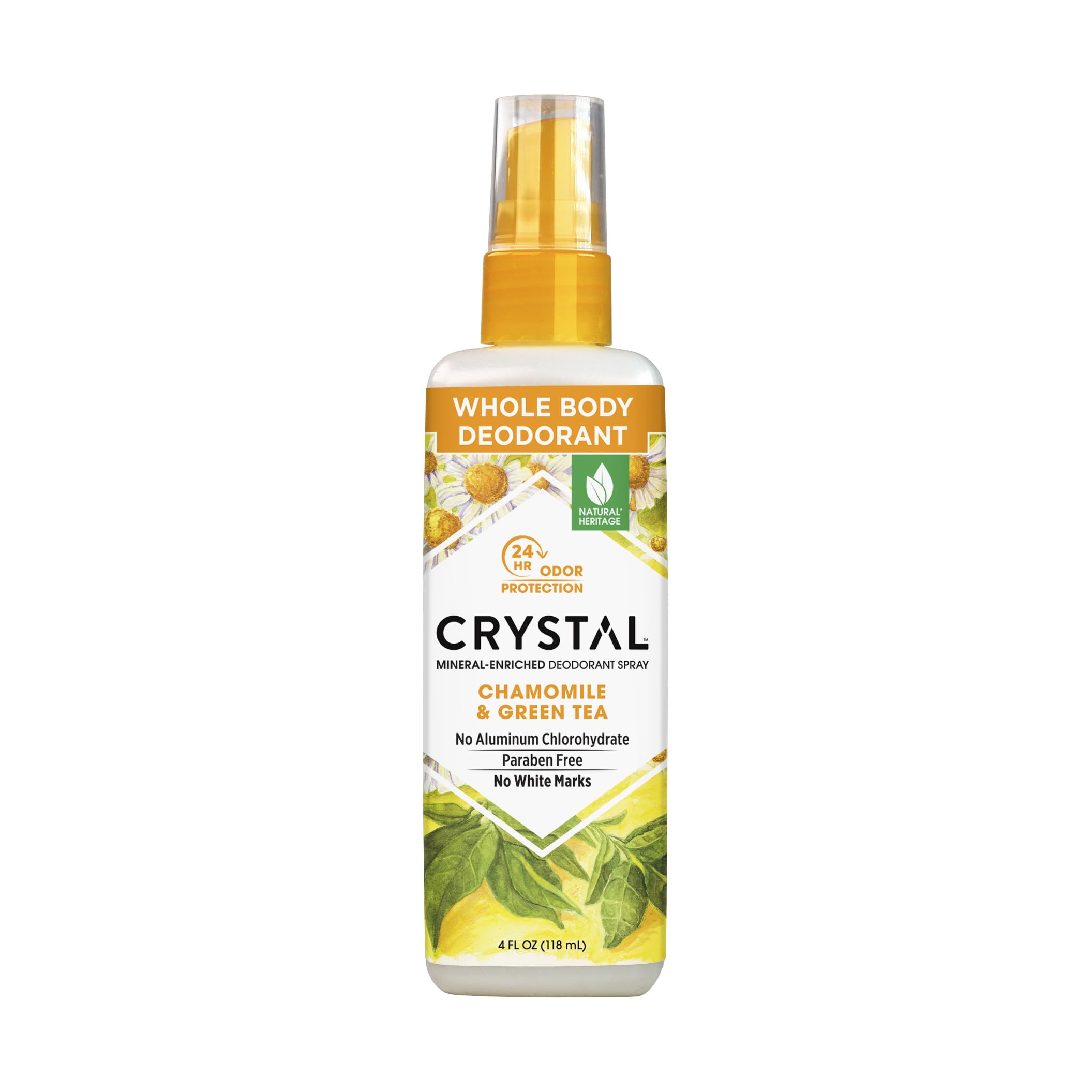 Crystal Essence Deodorant Spray bottle with chamomile and green tea scent for odor control