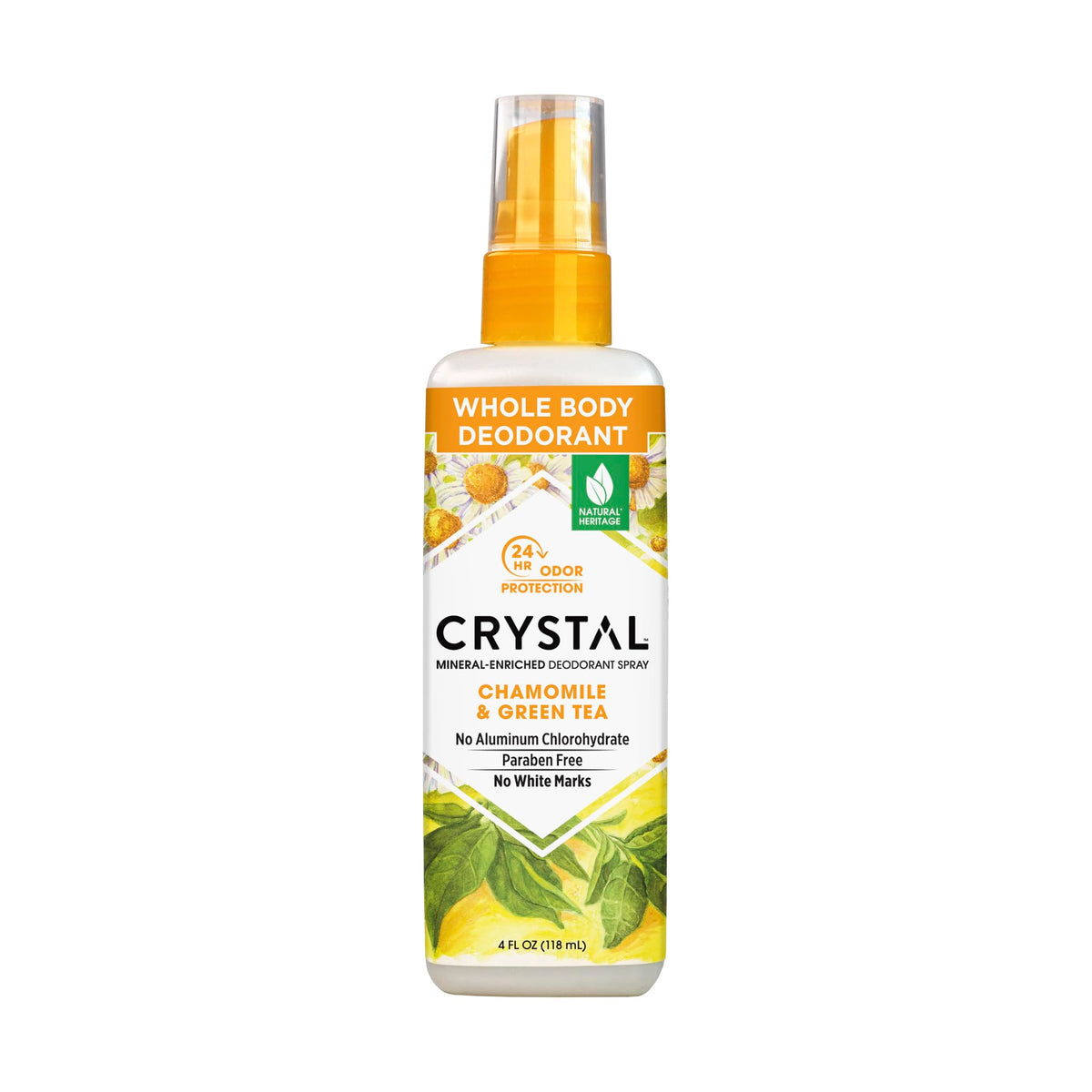 Crystal Essence Deodorant Spray bottle with chamomile and green tea scent for odor control