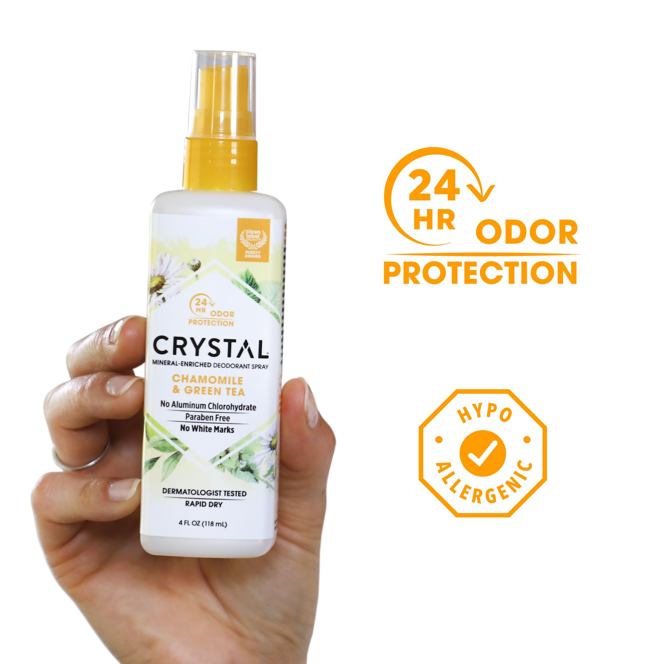Crystal Essence Deodorant Spray mist showing pump action for quick refreshment
