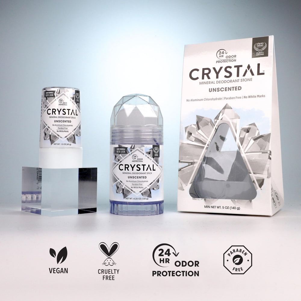 Crystal Essence hypoallergenic label indicates dermatologist-tested skin-safe mineral action.