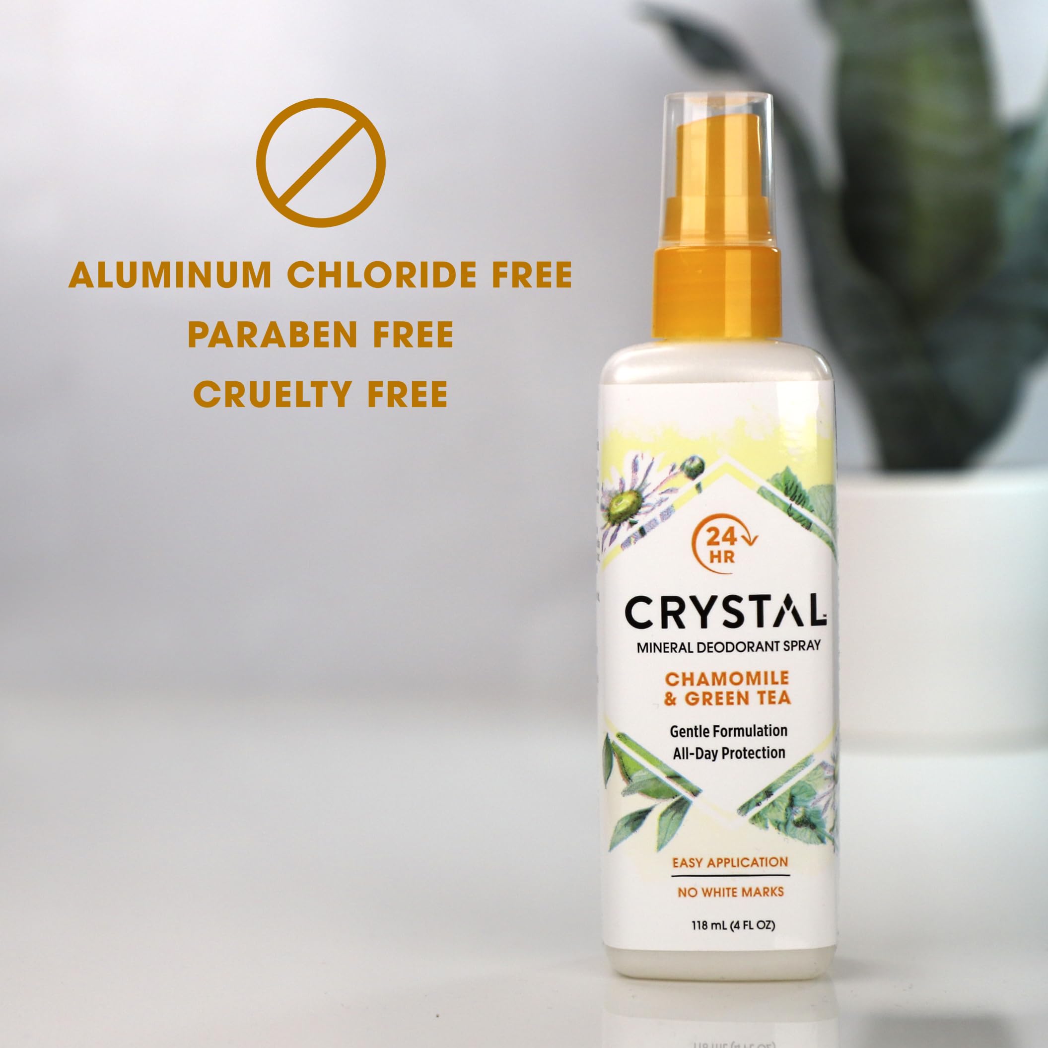 Crystal Essence label close-up highlighting vegan, aluminum-free ingredients