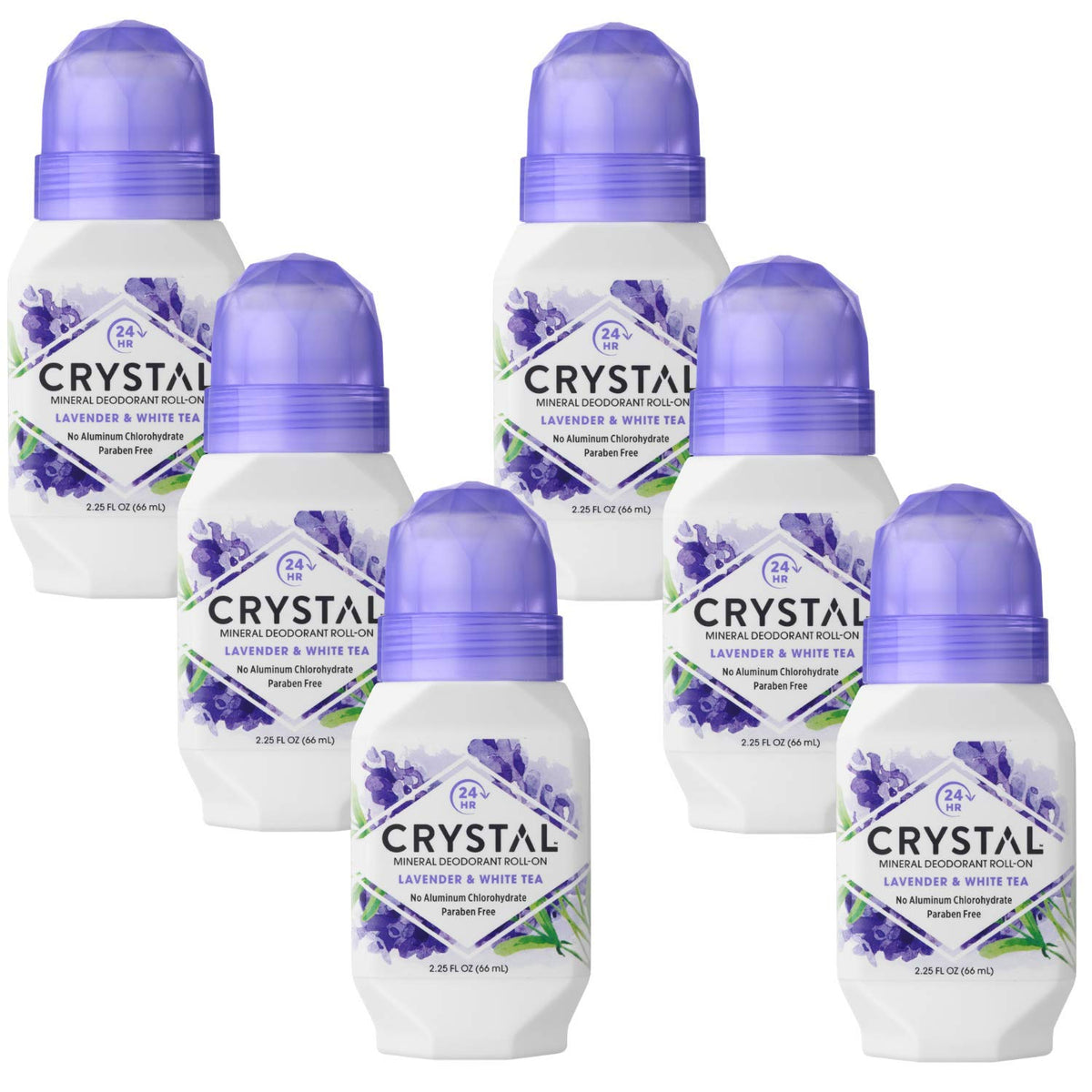 Crystal Essence Lavender White Tea roll-on bottle offers long-lasting odor protection.