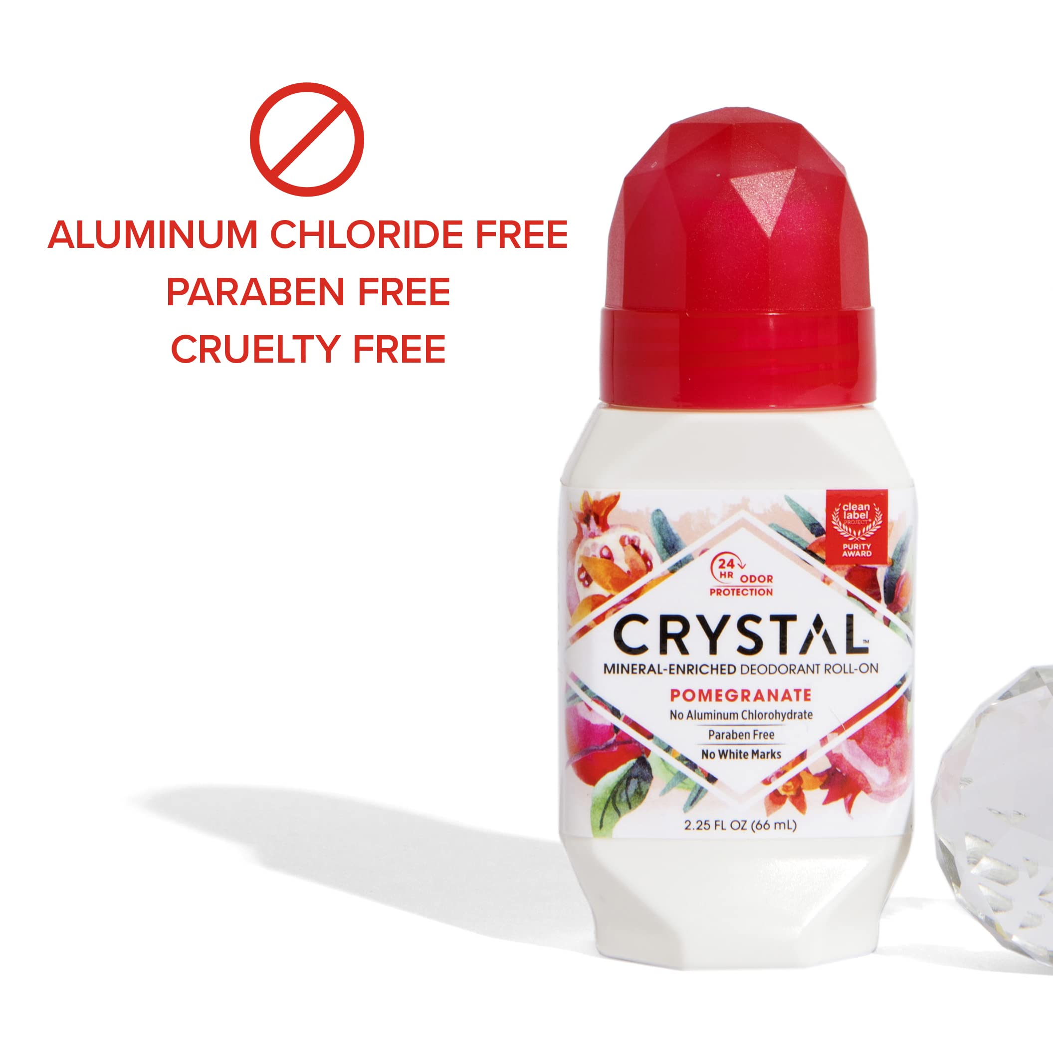Crystal Essence mineral deodorant pomegranate bottle close-up with fresh fragrance