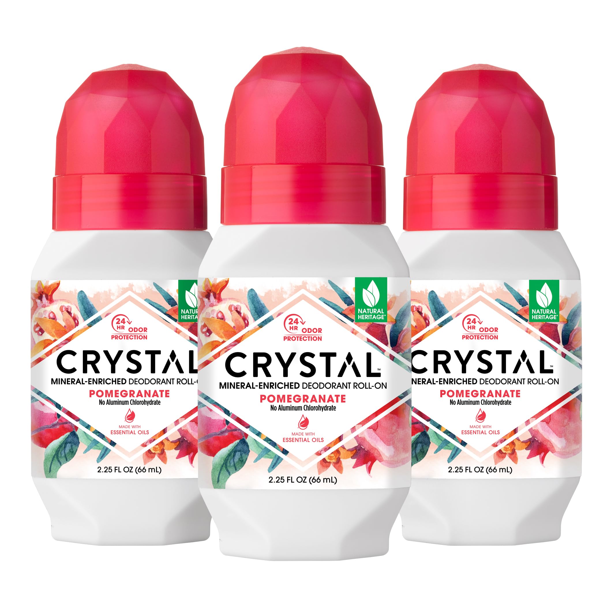 Crystal Essence mineral deodorant pomegranate pack front shows three-pack for extended odor protection