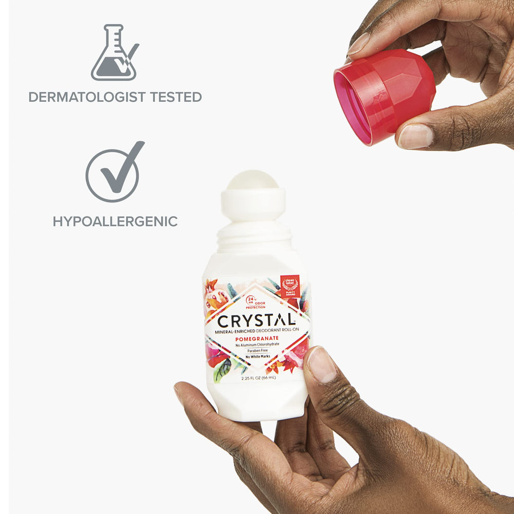 Crystal Essence mineral deodorant pomegranate pack side view for travel-ready packaging
