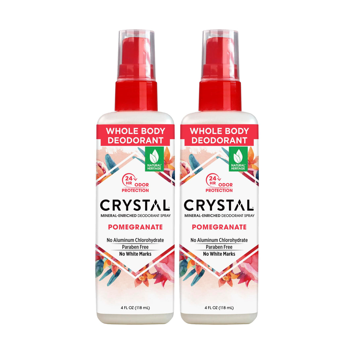 Crystal Essence Pomegranate deodorant spray bottle showing aluminum-free protection for all-day freshness