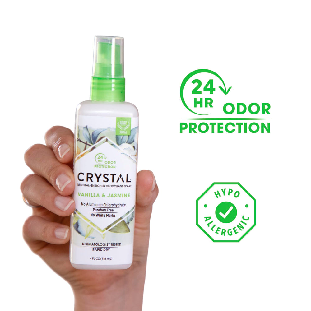 Crystal Essence vanilla jasmine close-up highlights pleasant aroma and lightweight freshness.