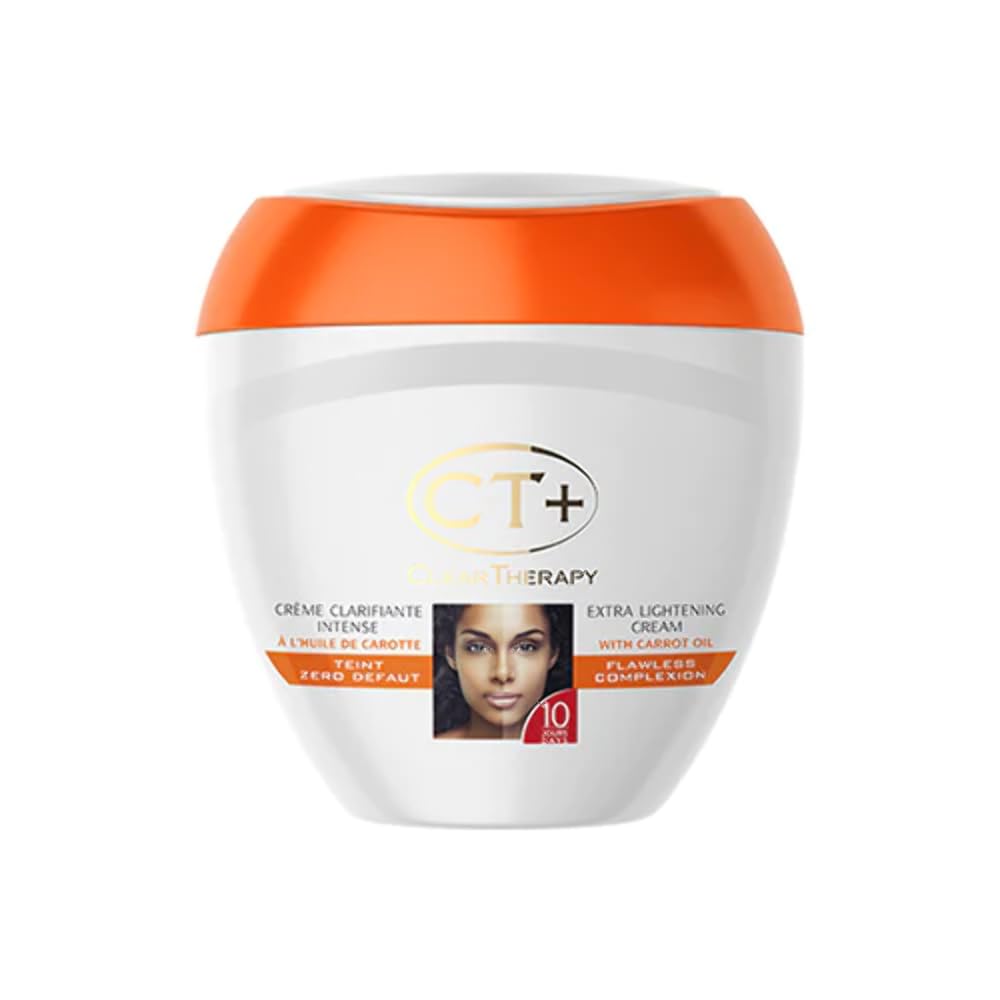 CT+ Clear Therapy bottle with carrot oil suggests potential for an even-toned complexion.