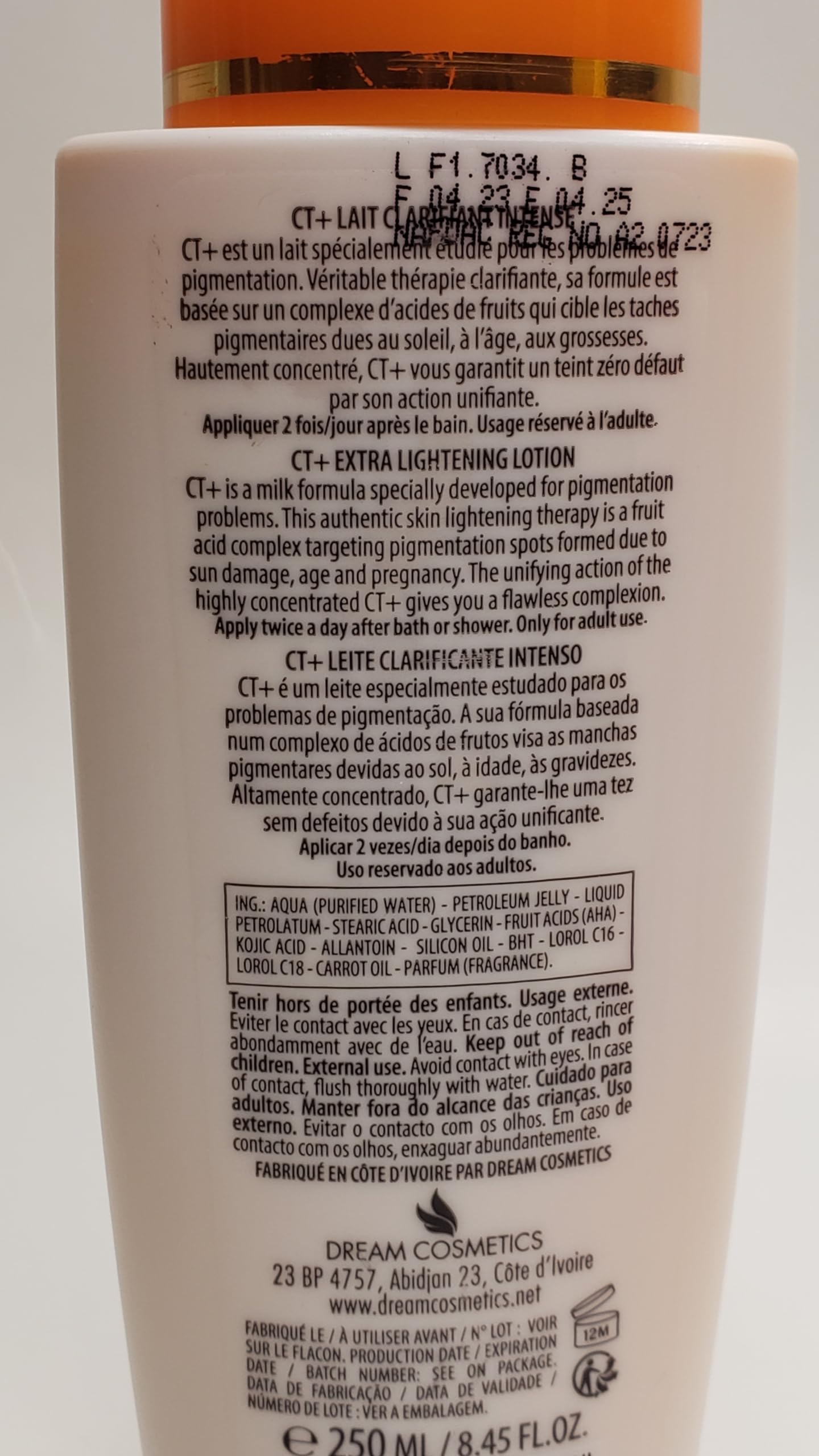 CT+ Clear Therapy lotion bottle ready for application on damp skin
