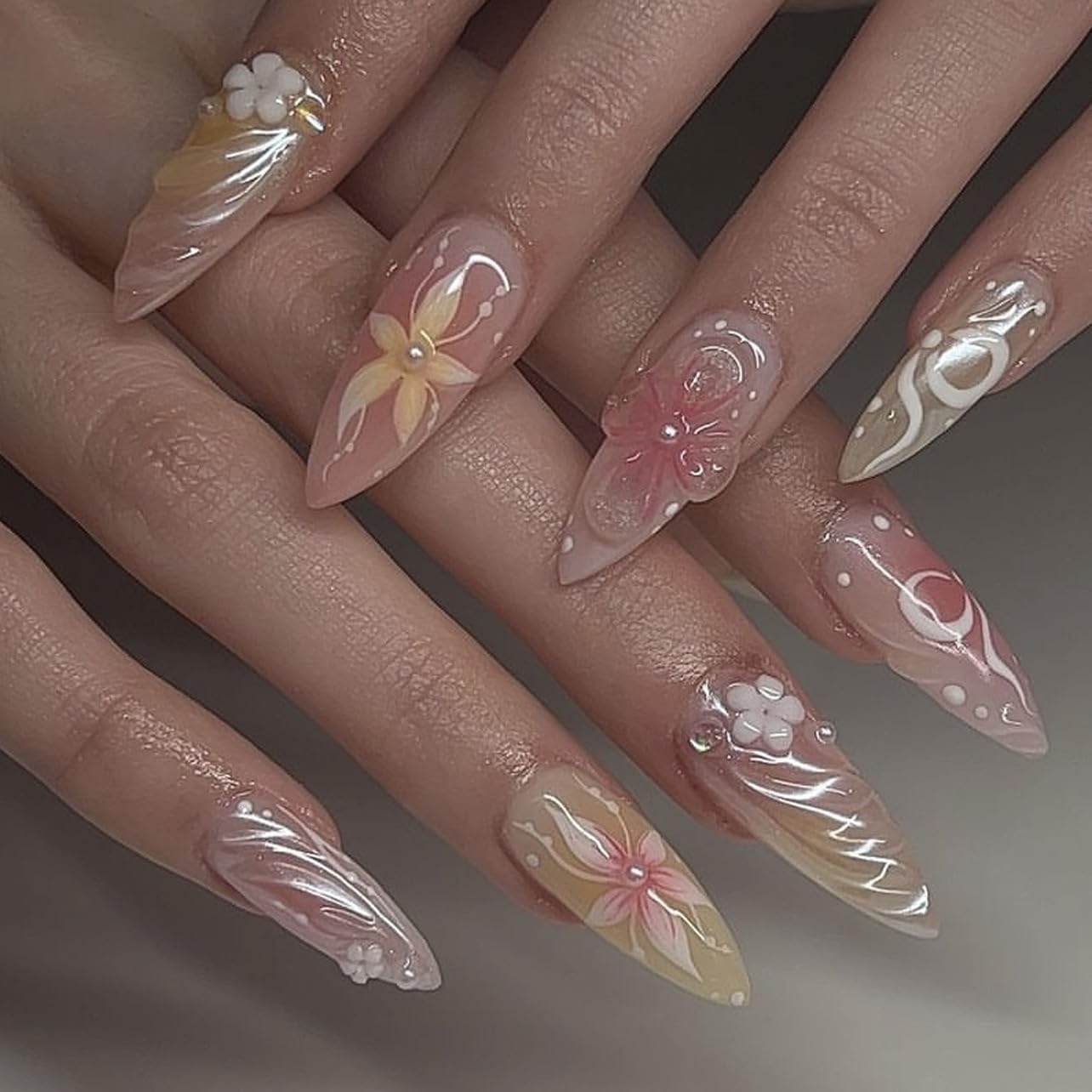 CTTHNBD almond press-on nails with ombre and 3D flowers for a glossy full-cover manicure.