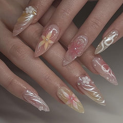 CTTHNBD almond press-on nails with ombre and 3D flowers for a glossy full-cover manicure.