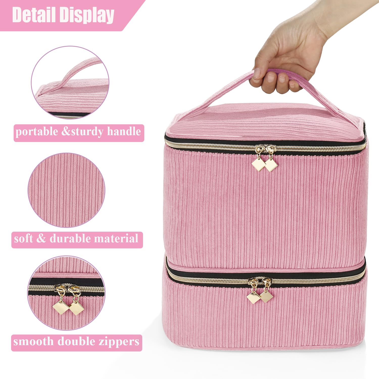 CTWWFS Corduroy Nail Polish Organizer pink bottom compartment holds bottles securely.