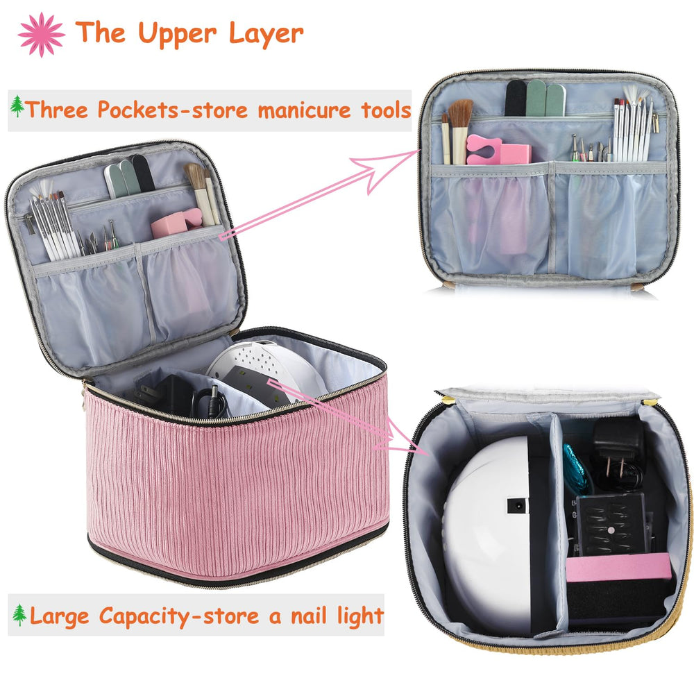 CTWWFS Corduroy Nail Polish Organizer pink with lamp and removable divider.