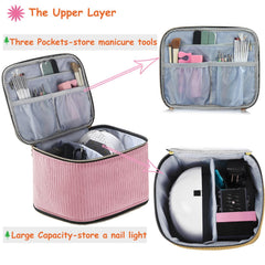 CTWWFS Corduroy Nail Polish Organizer pink with lamp and removable divider.