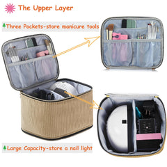 CTWWFS corduroy nail polish organizer removable foam insert protects bottles from bumps.