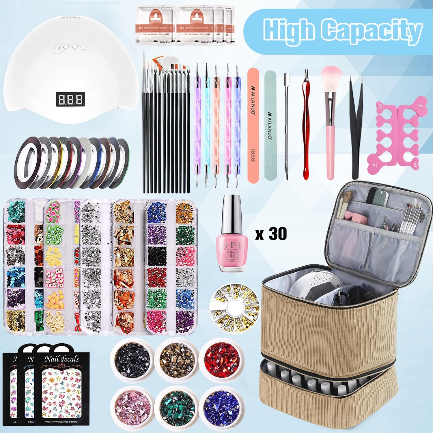 CTWWFS corduroy nail polish organizer upper layer holds lamp and pockets for tools.