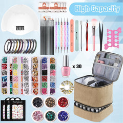 CTWWFS corduroy nail polish organizer upper layer holds lamp and pockets for tools.