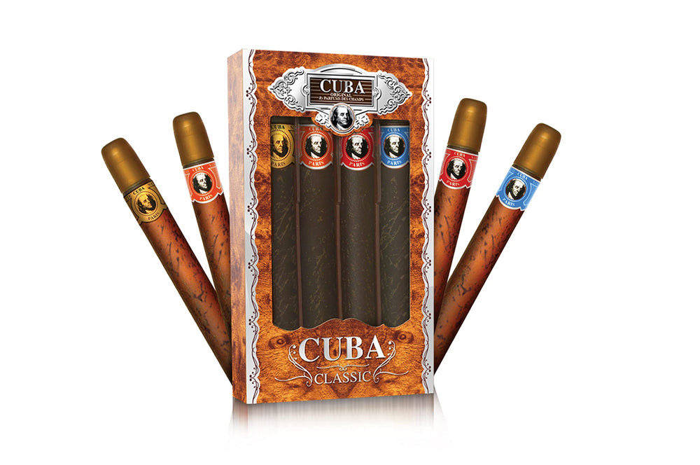 Cuba Original 4-Piece Set blue bottle; lavender and grapefruit notes for casual scent.