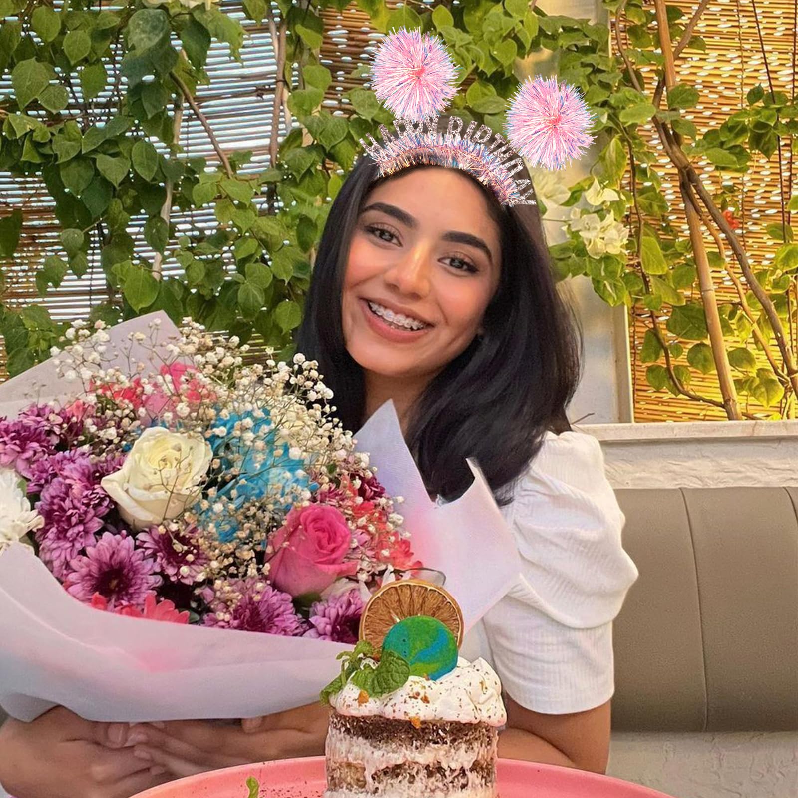CUBACO birthday headband worn by an adult showing comfortable fit without slipping.