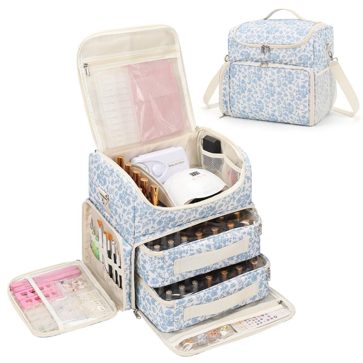 CUBETASTIC blue floral organizer front view for easy nail polish storage and transport.