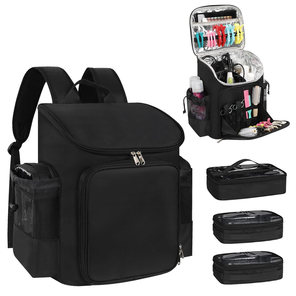 Cubetastic hairstylist traveling backpack front view enables hands-free travel and easy setup.