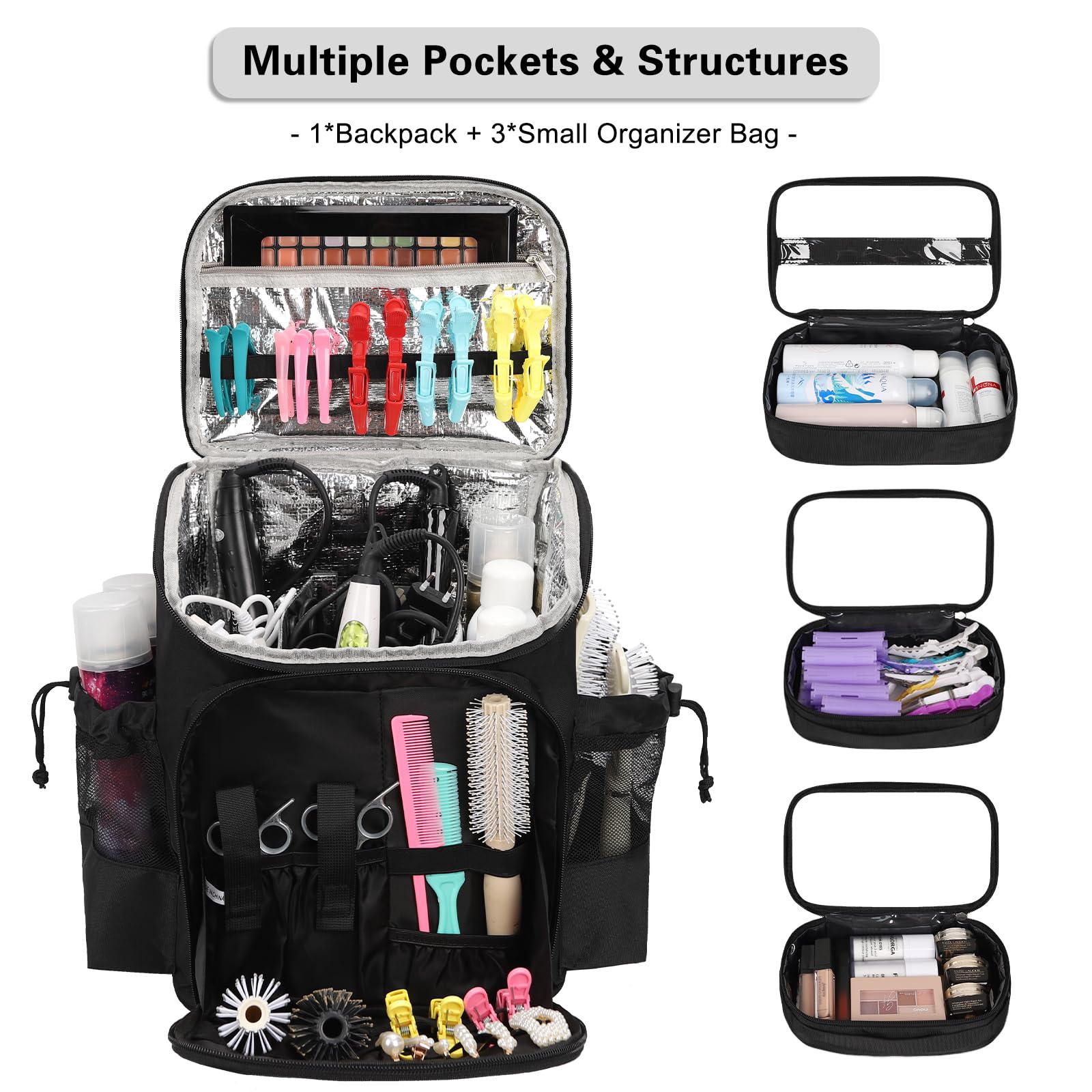 Cubetastic hairstylist traveling backpack side pocket highlights quick-access tools during appointments.