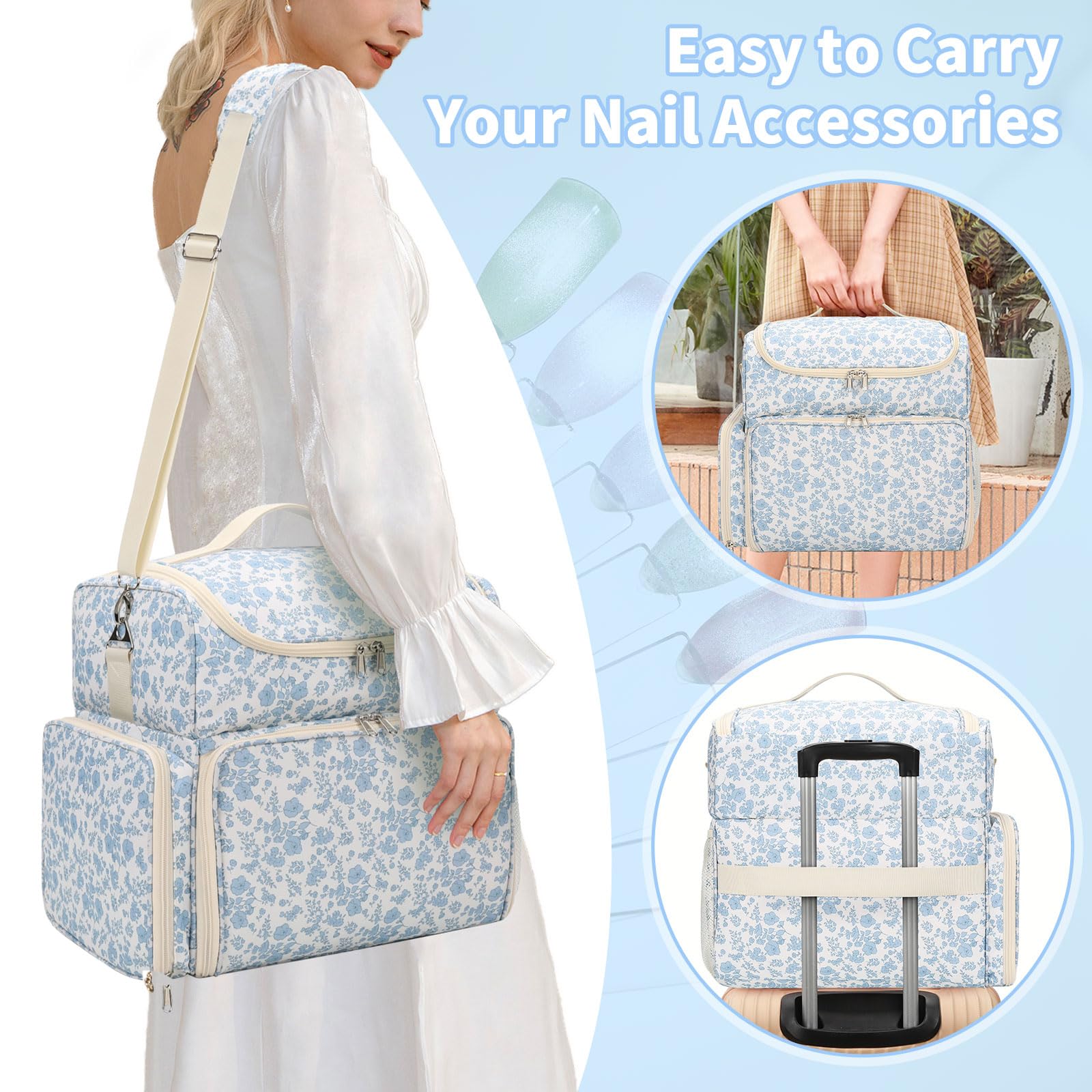 CUBETASTIC blue floral detail highlights stylish, protective travel case for manicures.