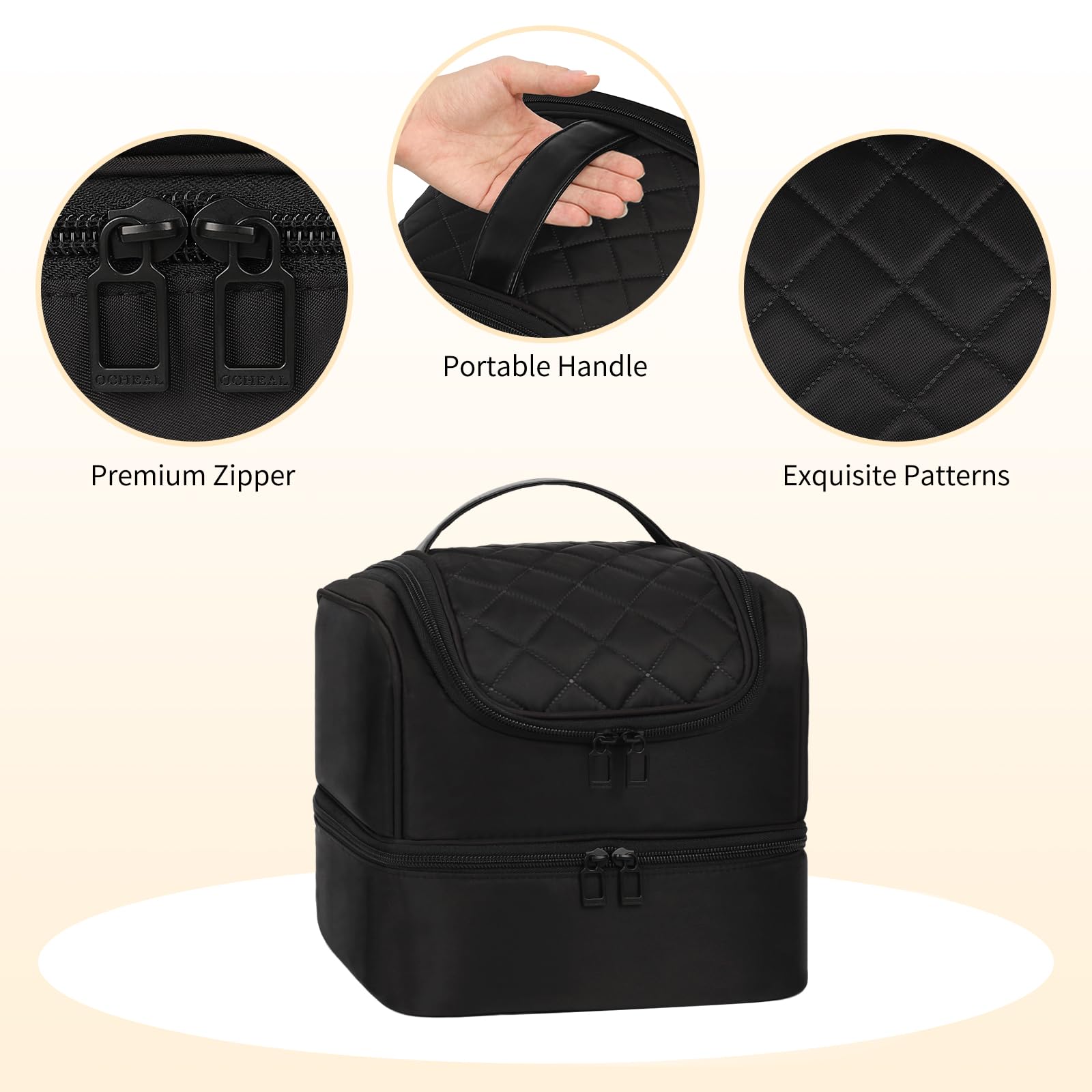 CUBETASTIC Nail Polish Organizer Case lower compartment stores 35 bottles plus tools for full mani kits.