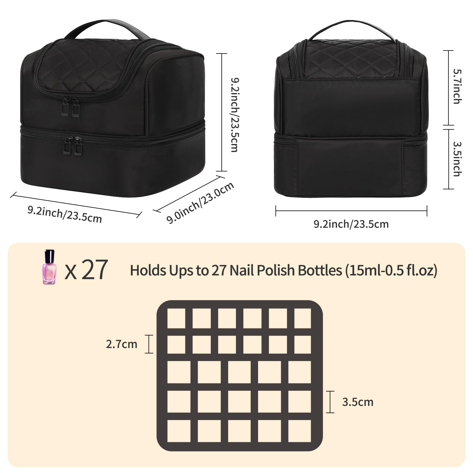 CUBETASTIC Nail Polish Organizer Case upper compartment keeps 10-slot polish rack organized for quick polish selection.