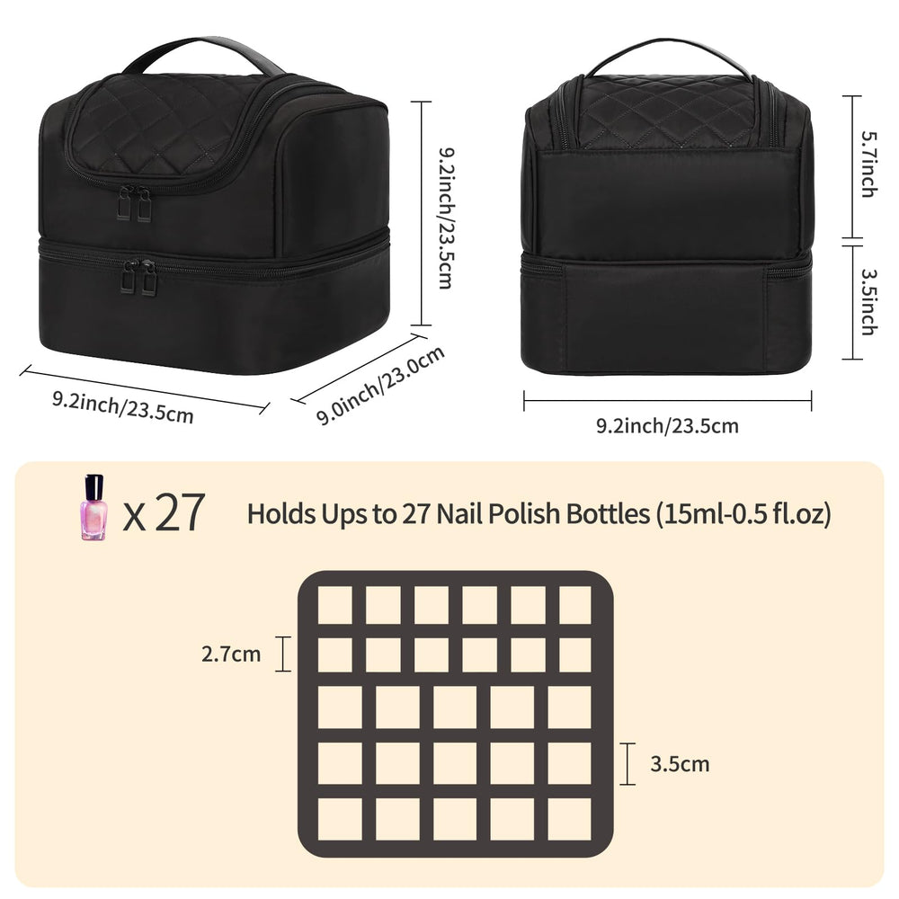 CUBETASTIC Nail Polish Organizer Case upper compartment keeps 10-slot polish rack organized for quick polish selection.