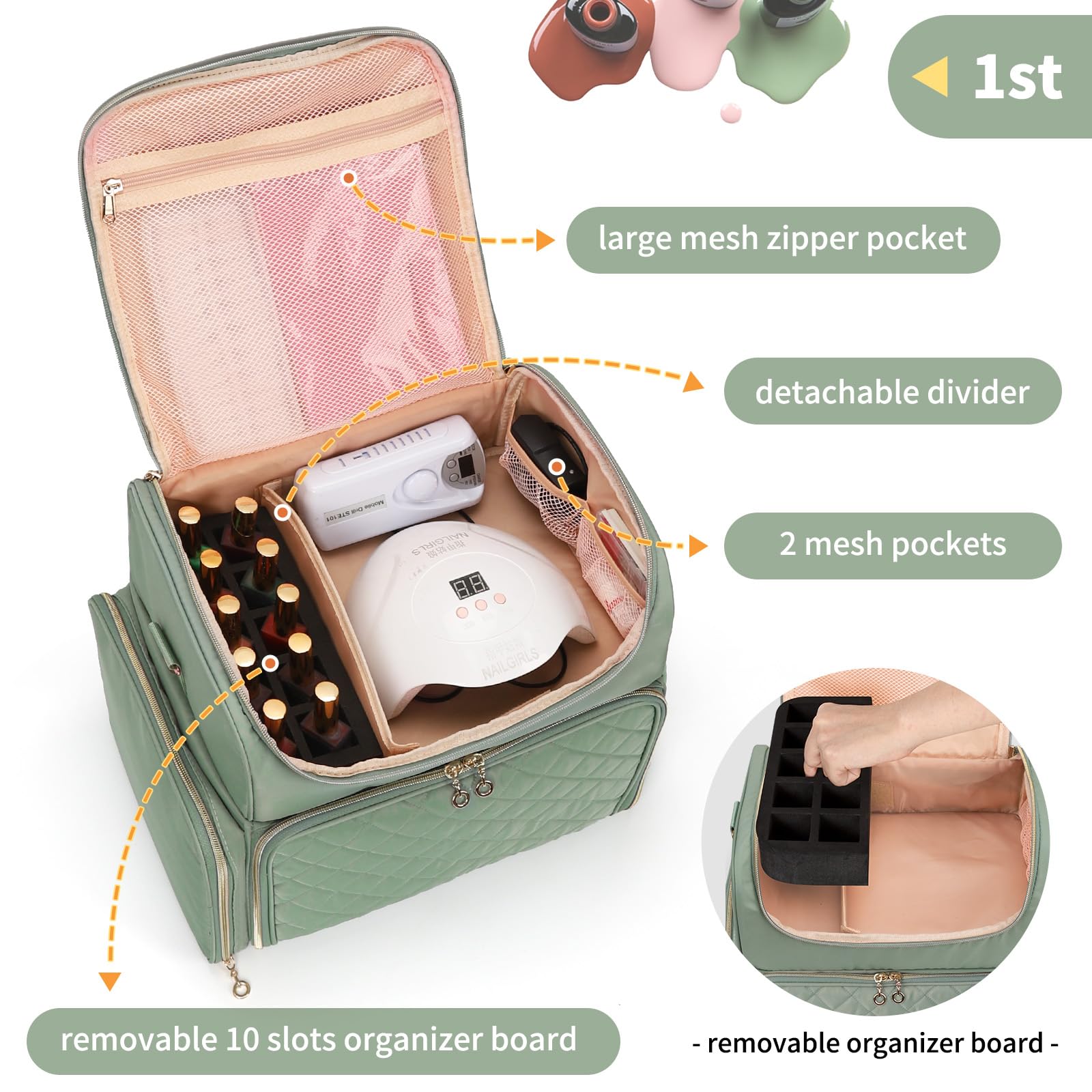 CUBETASTIC travel-ready nail box with padded interior protects bottles during trips.