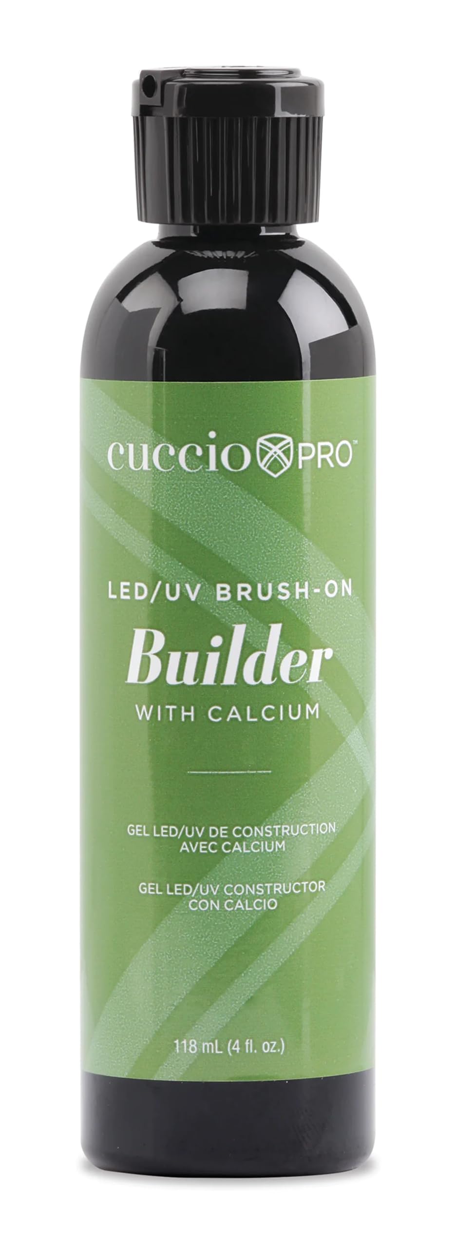 Cuccio Pro Brush-On Builder Gel calcium bottle highlighting calcium-strengthening formula for stronger nails.