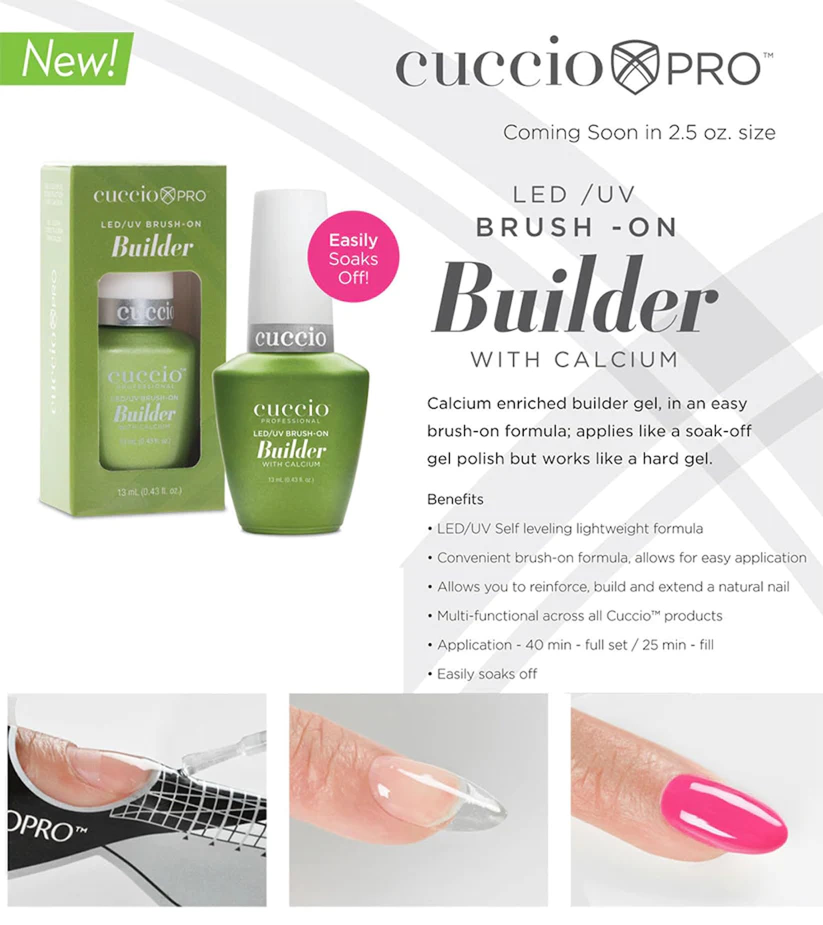 Cuccio Pro Builder Gel overlay on nail tips reinforces and blends for a natural look.