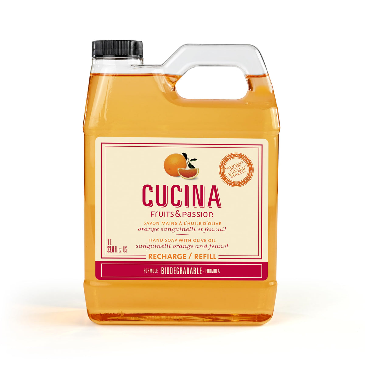 Cucina Fruits & Passion hand soap refill bottle closeup, showing bright orange aroma for kitchen cleansing.