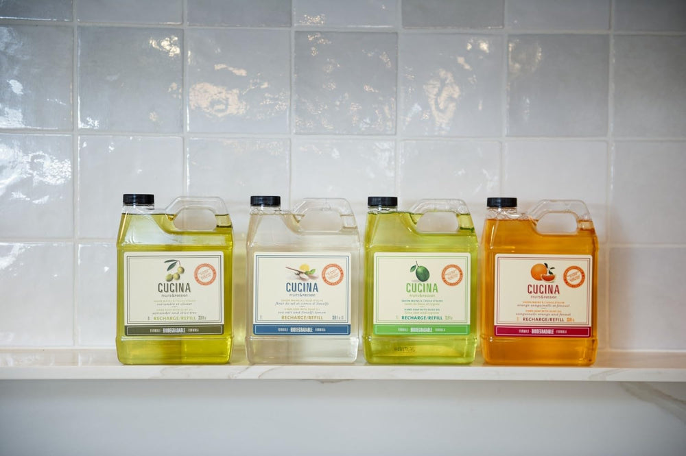 Cucina kitchen setup with refill bottle illustrates easy top-up and reduced waste.