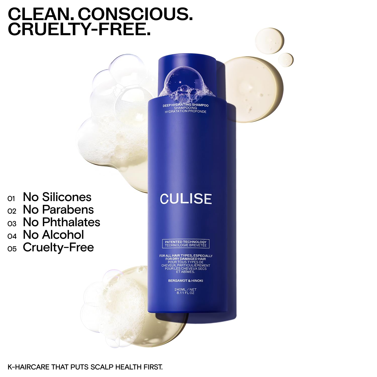 CULISE bottle close-up emphasizes sulfate-free, scalp-friendly formula.