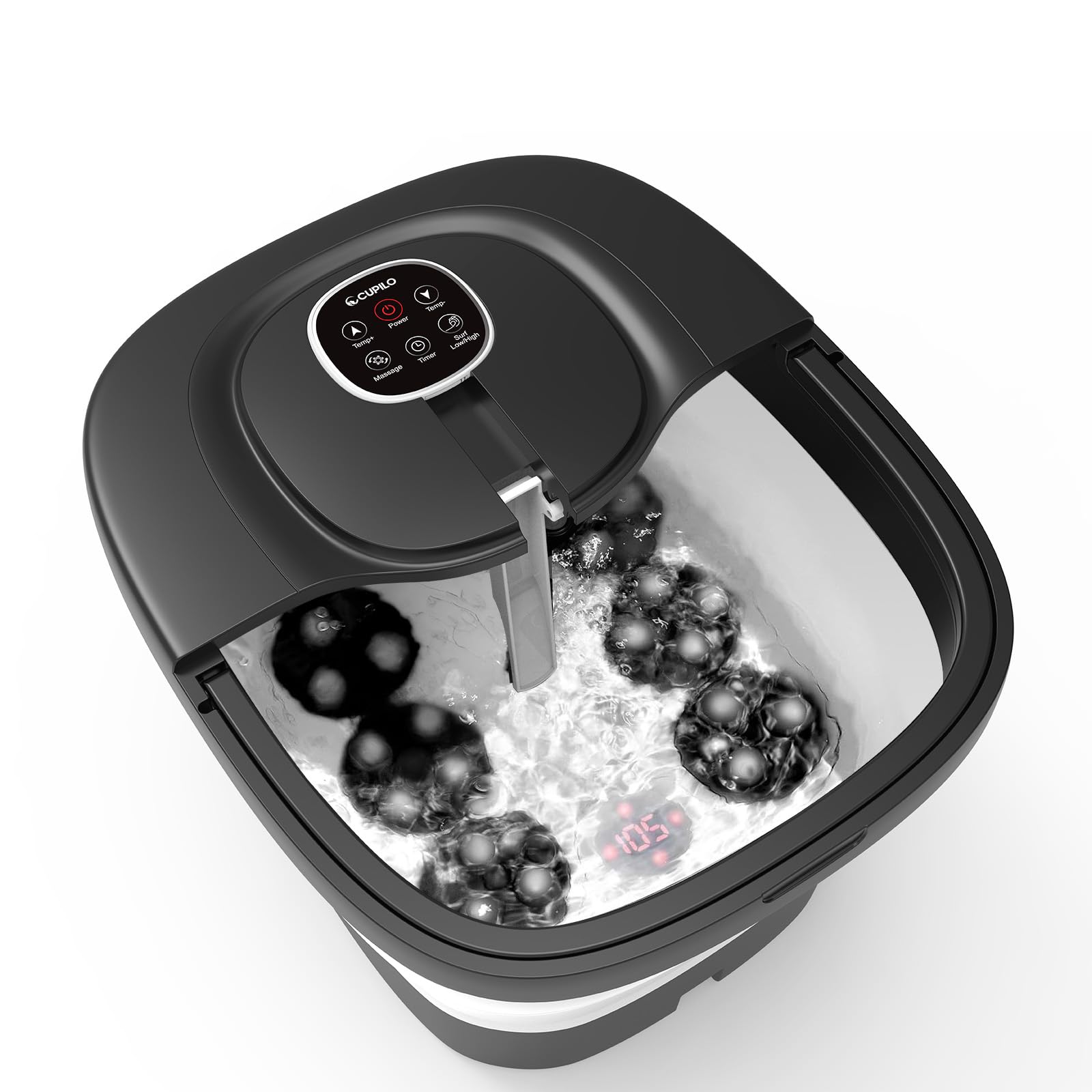 CuPiLo Foot Spa Bath Massager shows circulation-heat for quick warmth during soak.
