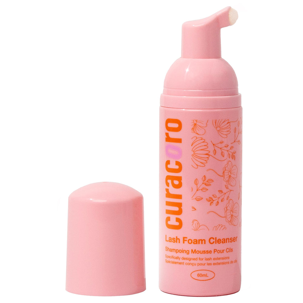 Curacoro eyelash cleanser bottle closeup highlights gentle cleansing for sensitive eyes