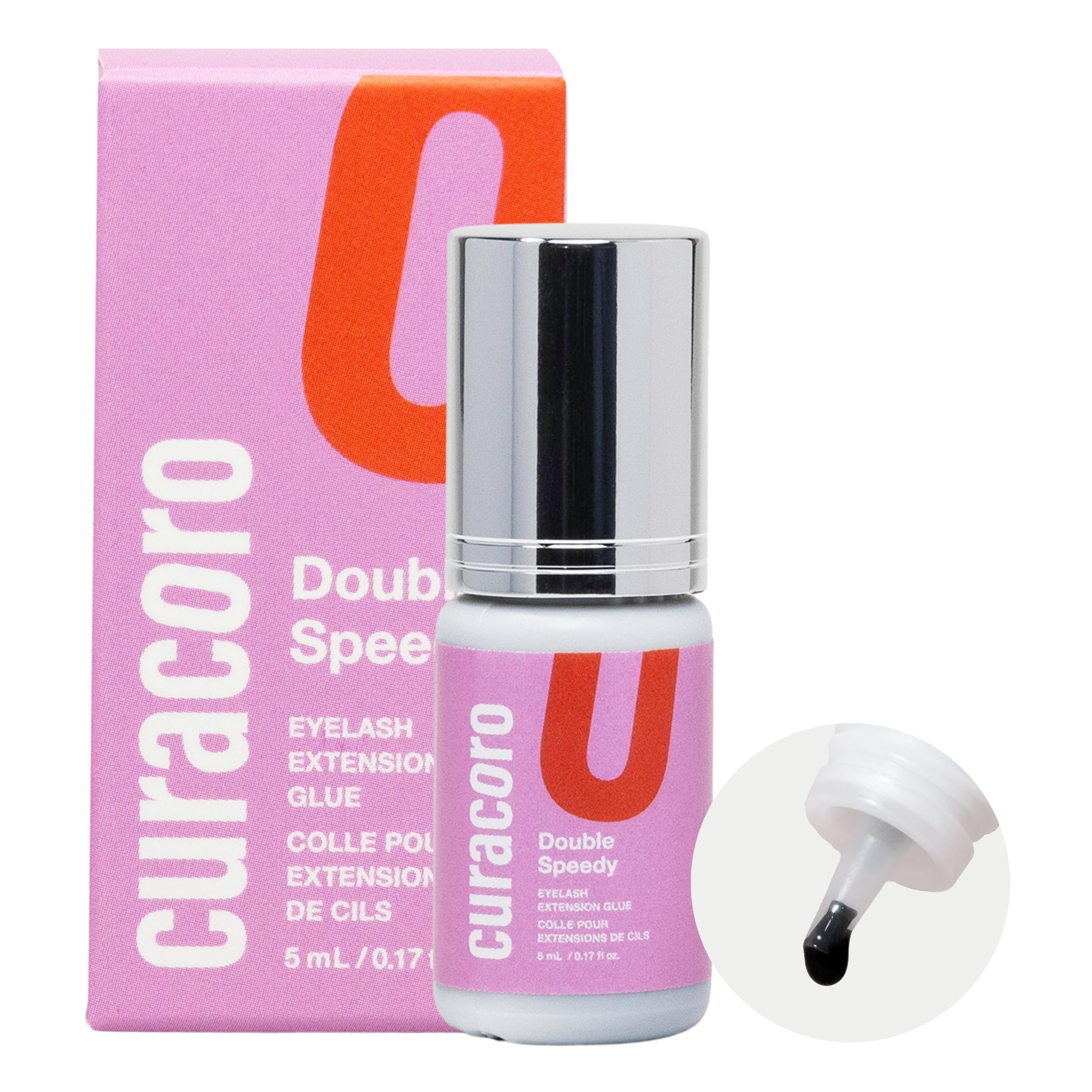CURACORO eyelash glue clear bottle close-up for precise salon lash applications.
