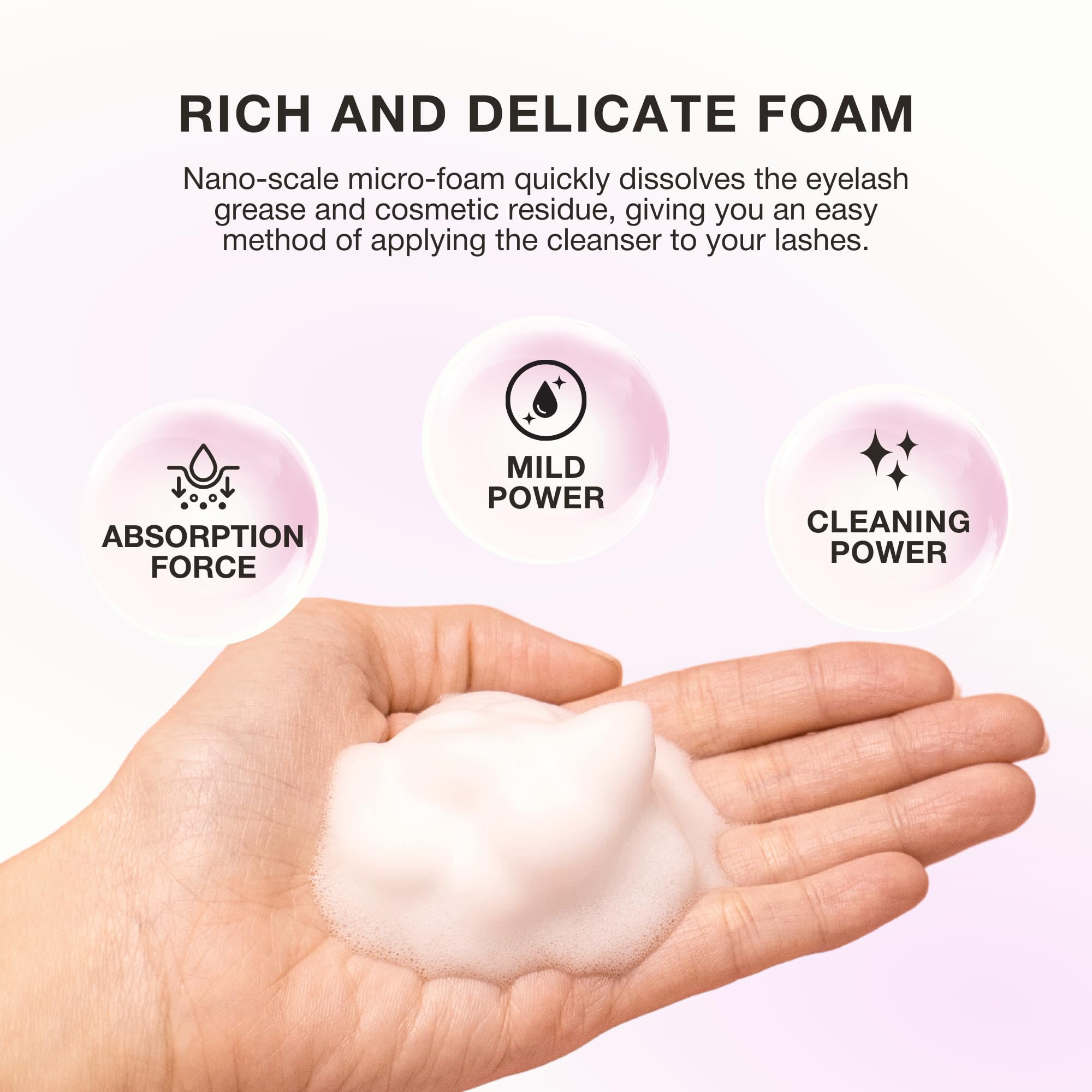 CURACORO hydrating lash-cleanser close-up, non-drying formula for comfortable cleansing.